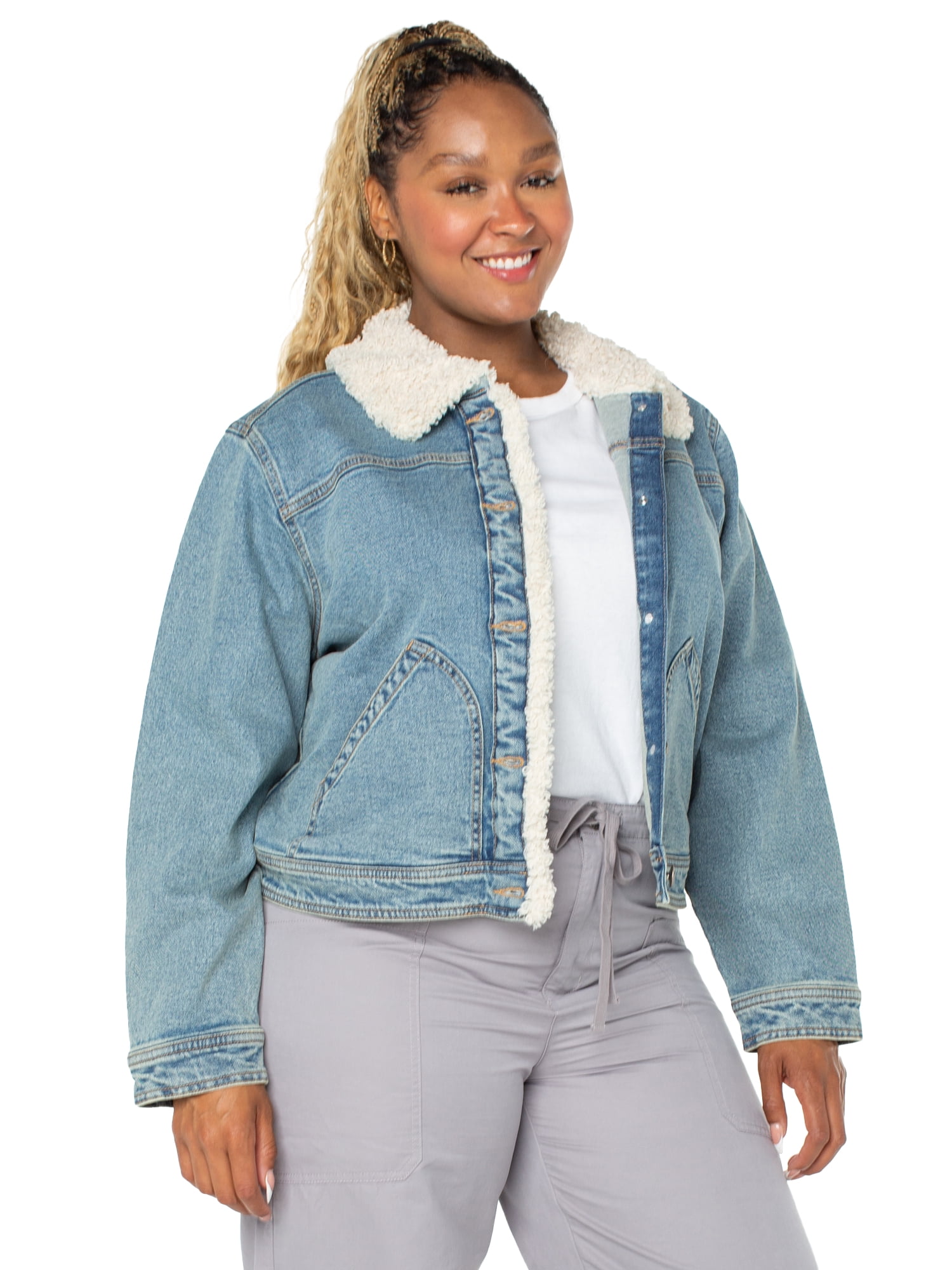 Celebrity Pink Women's and Women's Plus Faux Shearling Denim Jacket, Sizes XS-4X