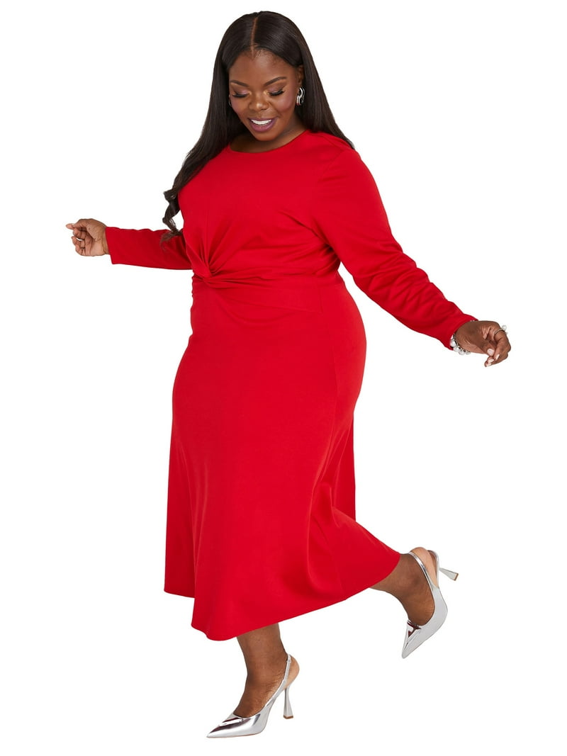 knee length dresses for ladies Plus Size Shri Cold Shoulder Midi Dress -Red 1x / Red at Curvy Sense