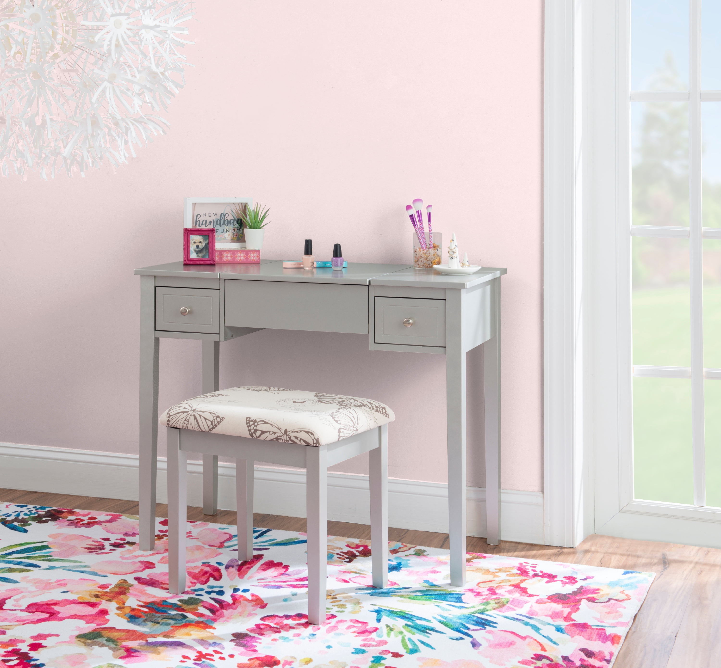 Ramsey Silver Flip-Top Mirror Vanity and Butterfly Upholstered Stool Set