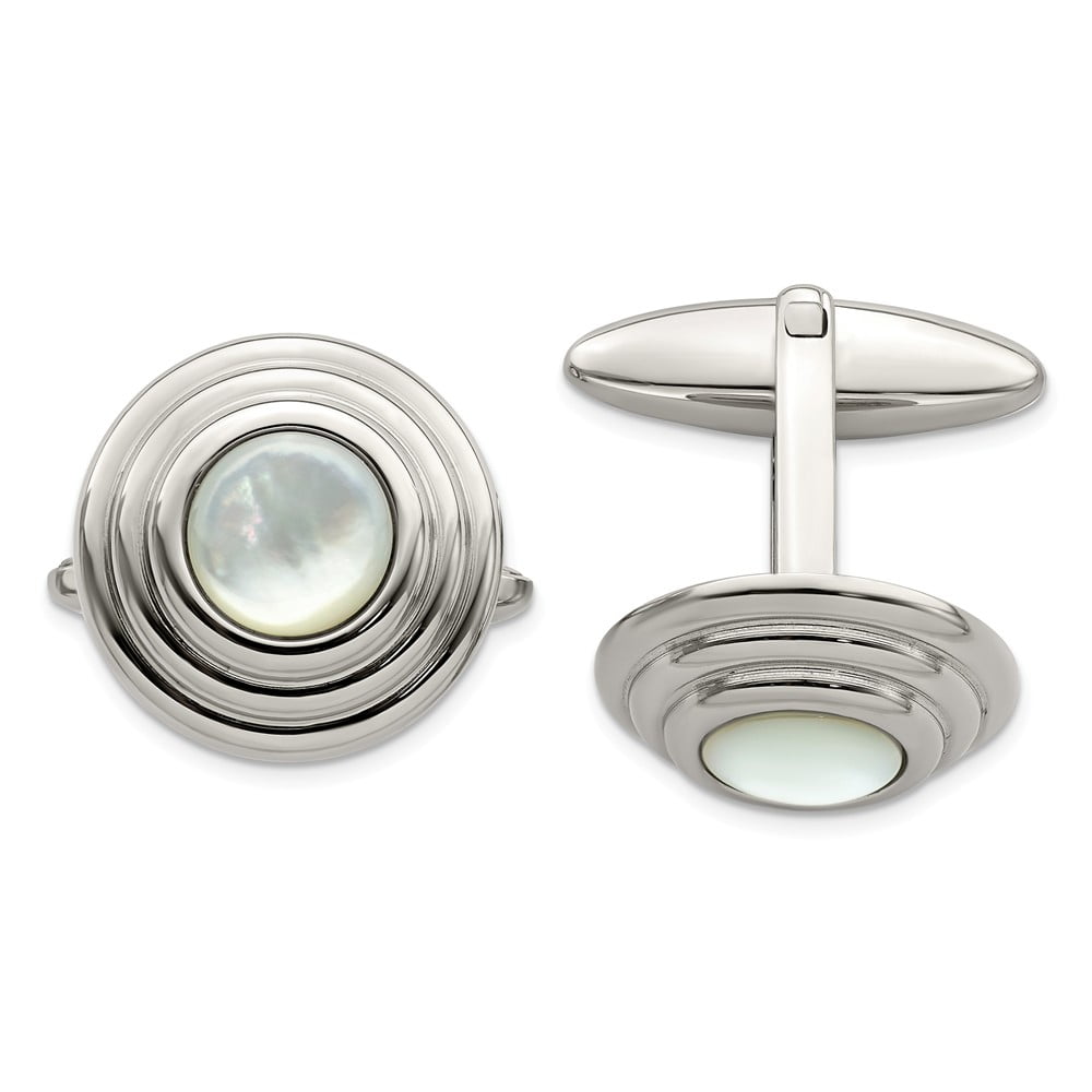 DISCOUNT JEWELERS Stainless Steel Mother of Pearl Polished Cufflinks; for Adults and Teens; for Women and Men