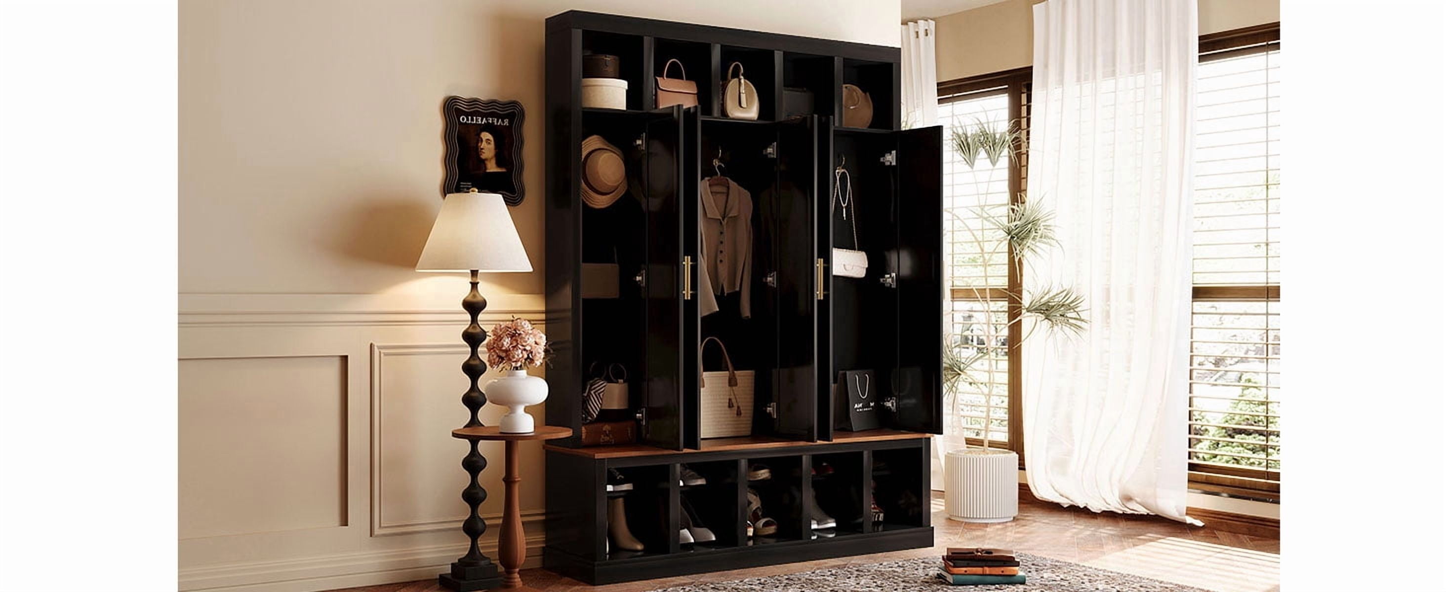 Mintazer 76” Tall Farmhouse Hall Tree with Shoe Rack Bench & Display Cubbies, Storage Cabinet with 3 Doors Closet for Entryway, Living Room, Bedroom, Black