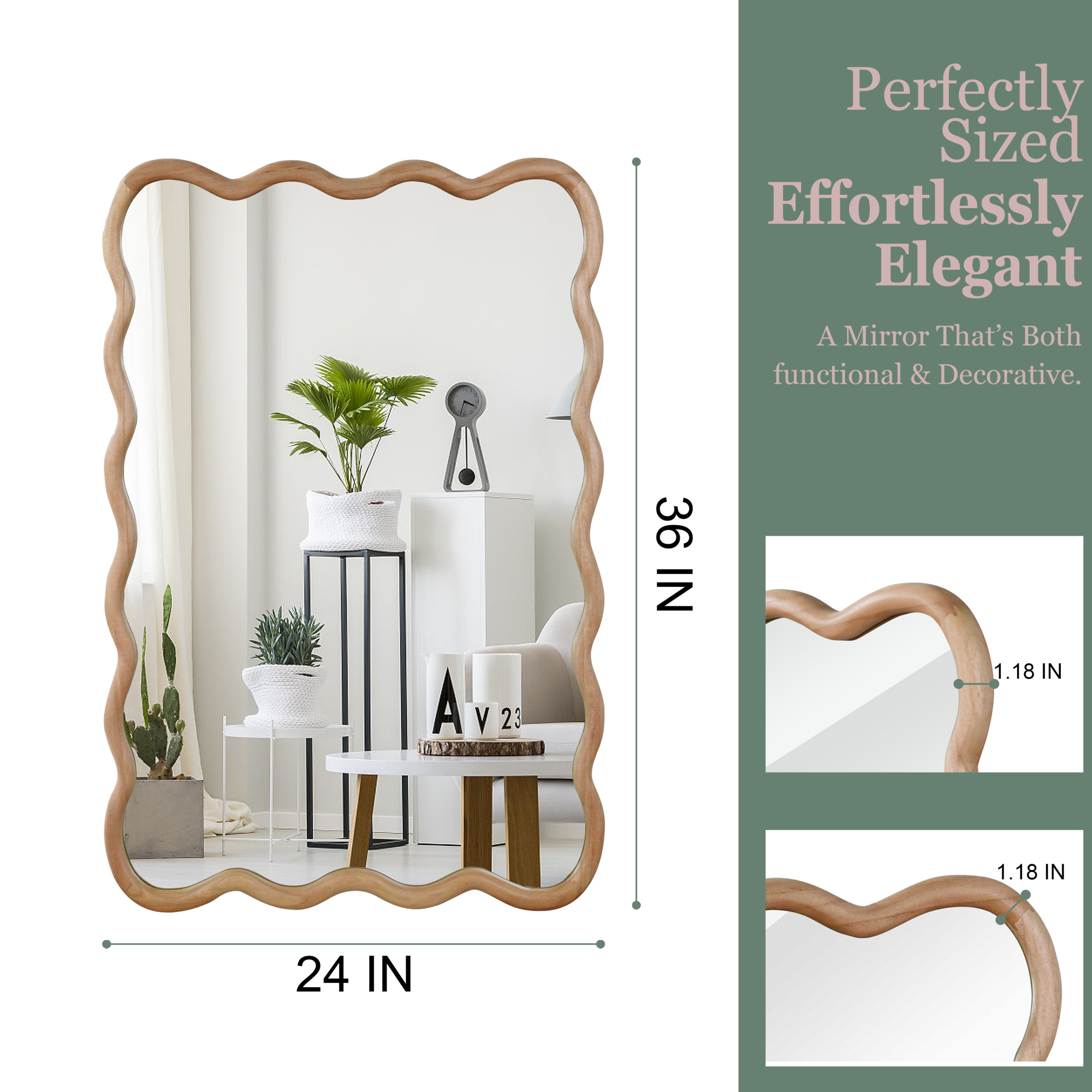 Leumius 24"x36" Wavy Rectangle Mirror, Solid Wood Frame Decorative Mirror for Bedroom Bathroom Living Room Entryway Natural
