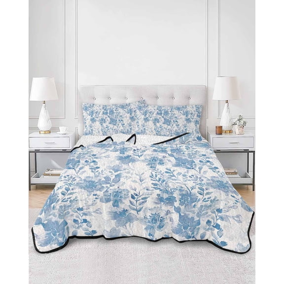 Quilts Queen Size, Navy Blue Flowers Soft Comforter Bedding Set for Bed, Watercolor Summer Botanical Floral Lightweight Quilted Bedspread with Pillow Cover(2 Pieces) for All Season, 90x96 Inch