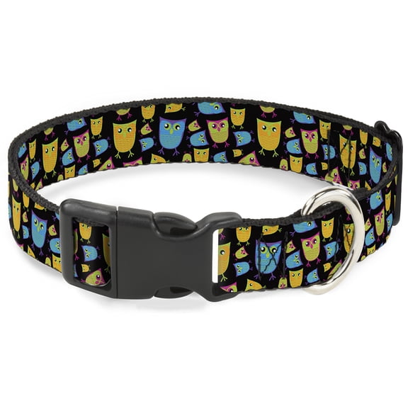 Buckle-Down Pet Collar, Dog Collar Plastic Buckle, Owls Black Multi Neon, 7 to 8.5 Inches 0.5 Inch Wide