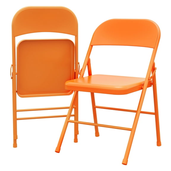 EastVita Set of 2 Folding Chairs,PU Upholstered Foldable Metal Frame,Portable Beige Folding Chairs,Hold Up to 350 lbs,Orange
