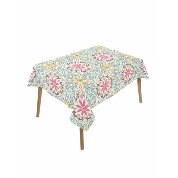 Pink Green Flowers Table Cloth, Waterproof Tablecloth for Rectangle Tables, Country Botanical Abstract Floral Patterned Reusable Washable Fabric Table Cover for Restaurant Kitchen Dining 60"x102"