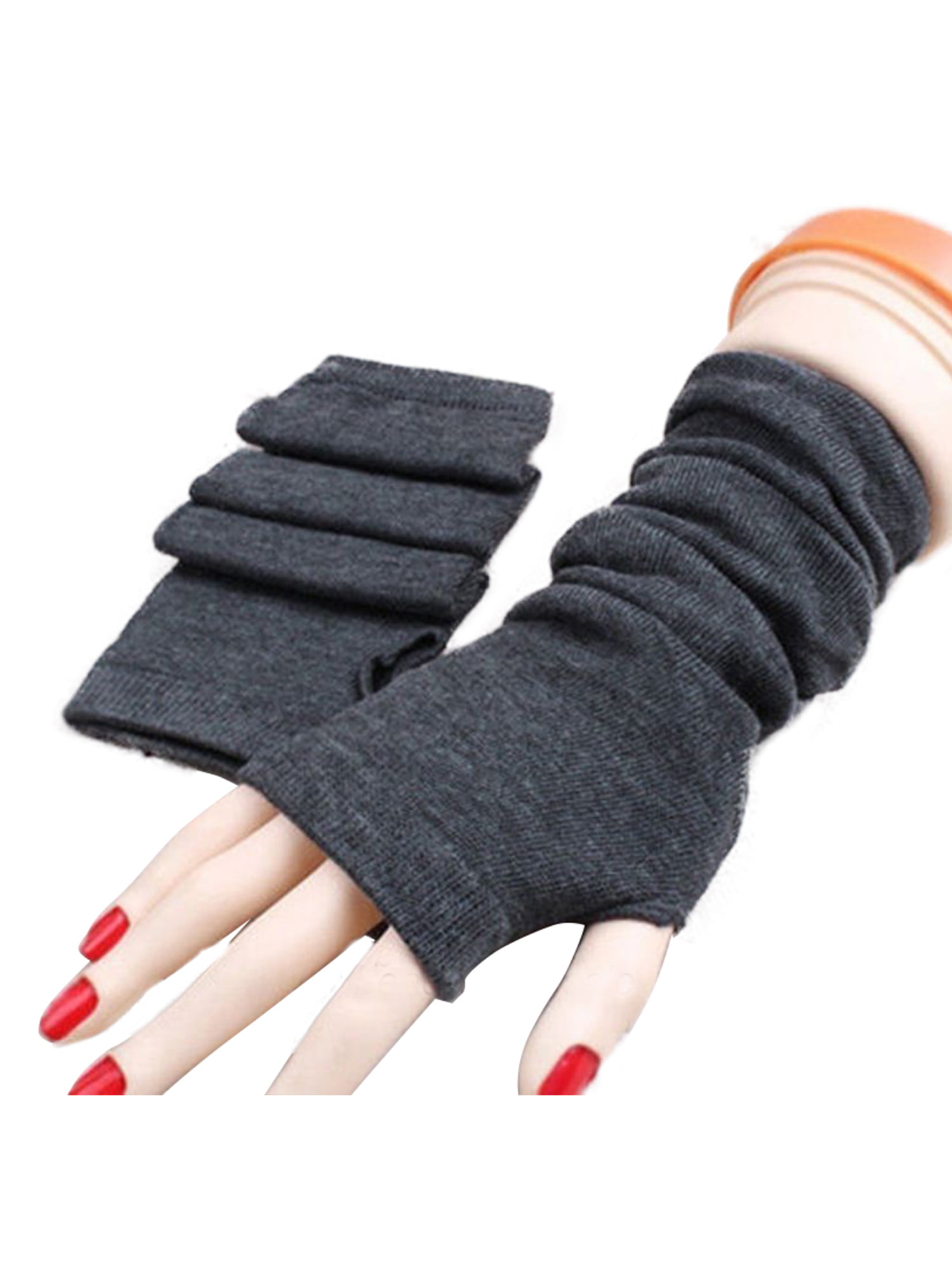 X Long black spandex fingerless gloves lace trim arm warmers
