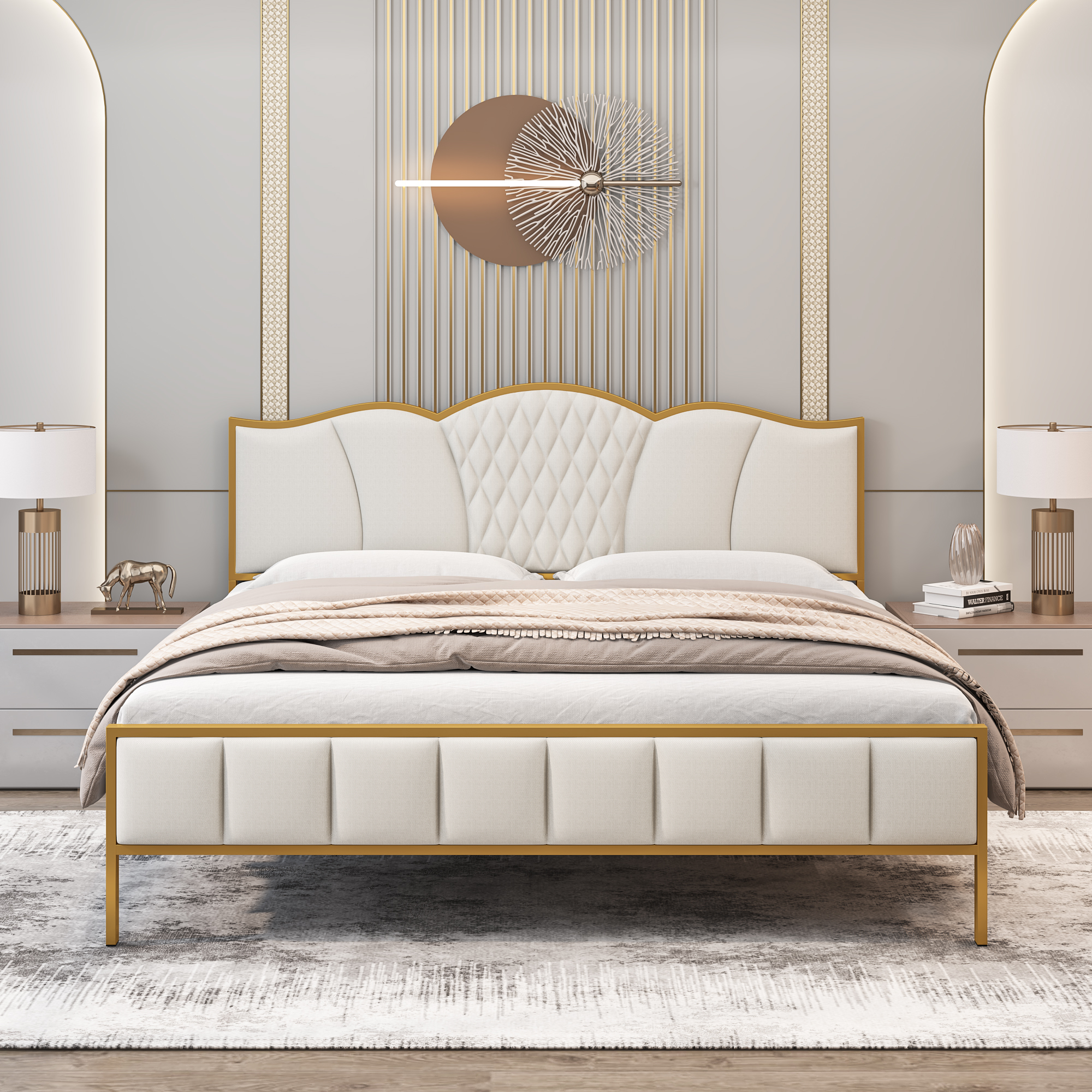 Homfa King Size Bed, Gold Metal Crown Upholstered Platform Bed Frame