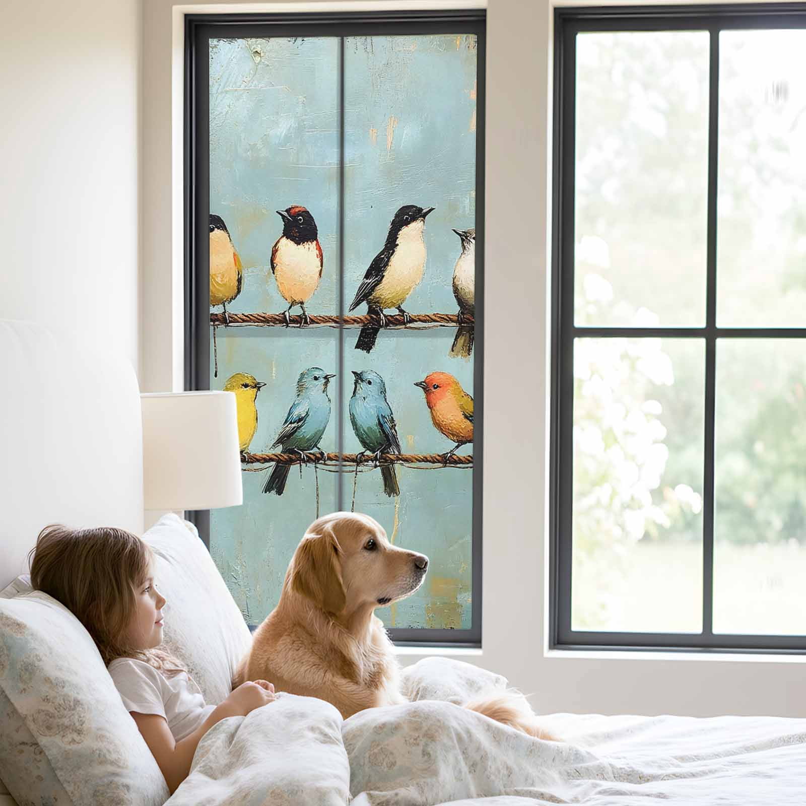 Colorful Birds Window Privacy Film, Spring Animal Modernism Painting Art Static Cling UV Sun Blocking Heat Control Window Tint Day and Night, Non-Adhesive One Way Windows Privacy Cover 23.6''x59''
