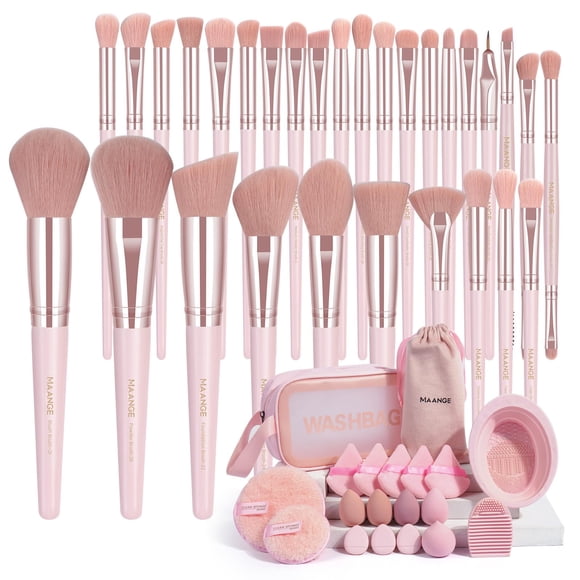 MAANGE 49 Piece Brochas de Maquillaje Profesional con Bolsa Set de Herramientas Maquillaje Multifuncional Kabuki Sintético Rubor Polvo Base para Viajes y Uso Diario(Rosa)