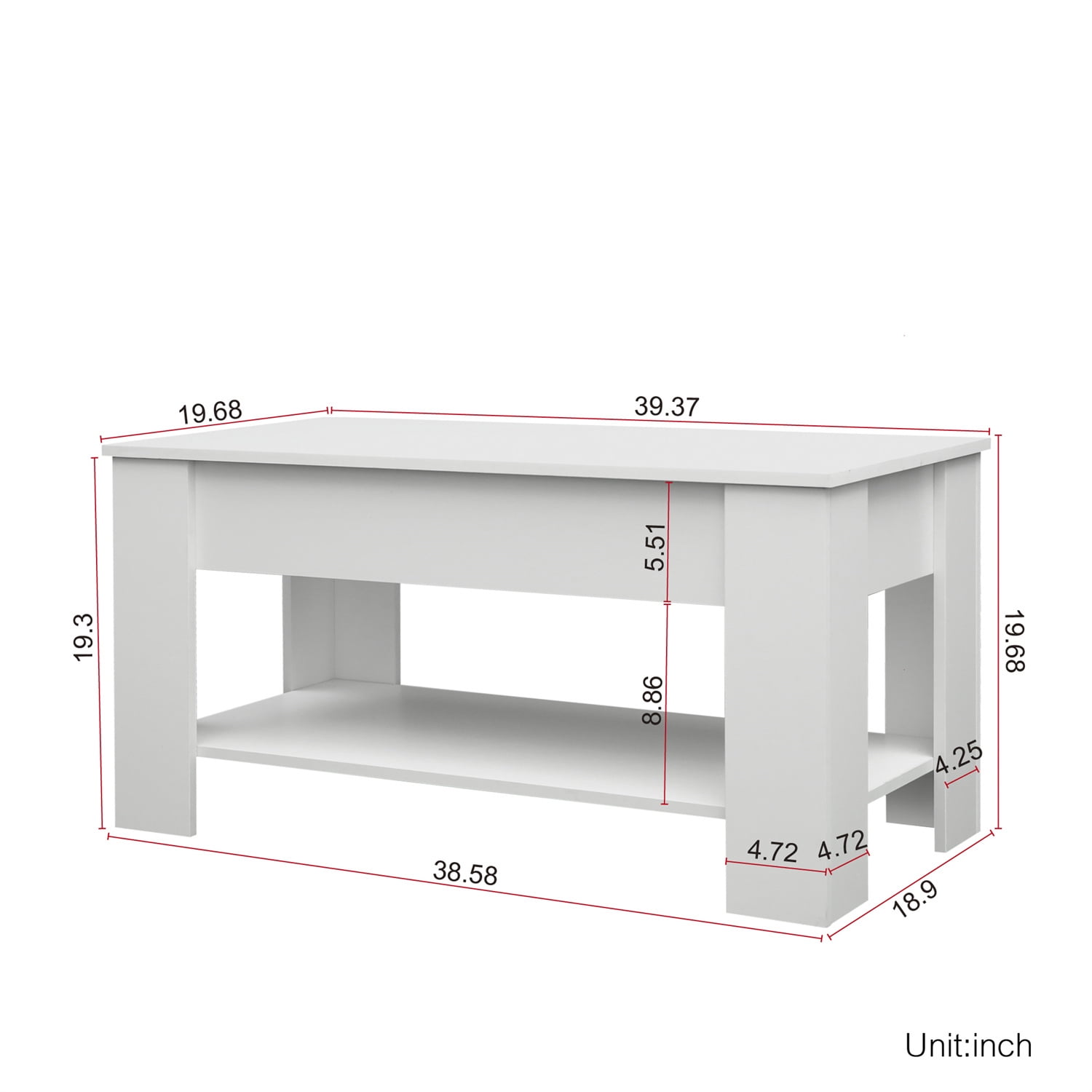 Kepooman Lift Top Coffee Table, Wood Lifting Top Central Table, White Kepooman Lift Top Coffee Table, Wood Lifting Top Central Table, White
