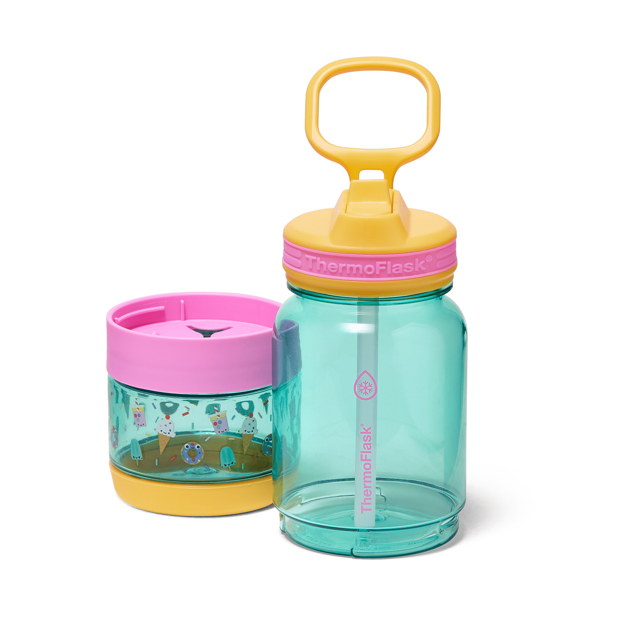 ThermoFlask 14 oz 2-in-1 Snack and Sip Durable Tritan Bottle with Integrated Snack Cup Compartment - Leakproof Folding Straw Lid - Protective Bumper - Sweet Treats Design