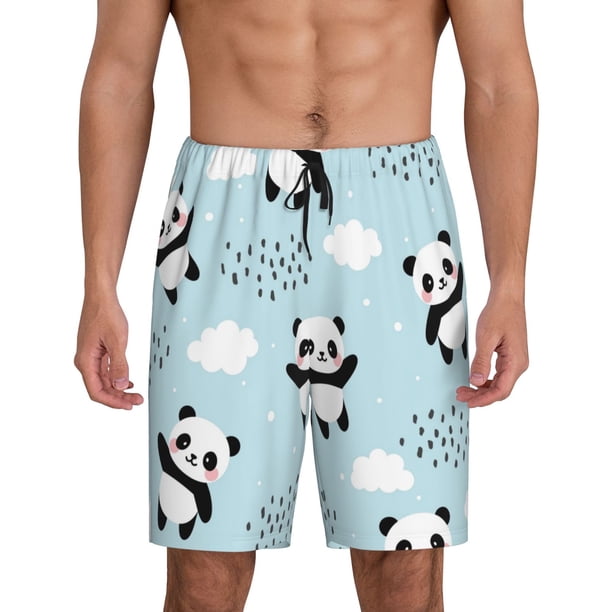 Balery Cute Panda Bear Pantalones cortos de pijama de punto de algodón para hombre con cinturilla y bolsillos-X-Large