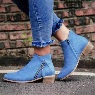 Patlollav Womens Slip On Boots Pointed Toe Round Head Thick Heel Short Shoes