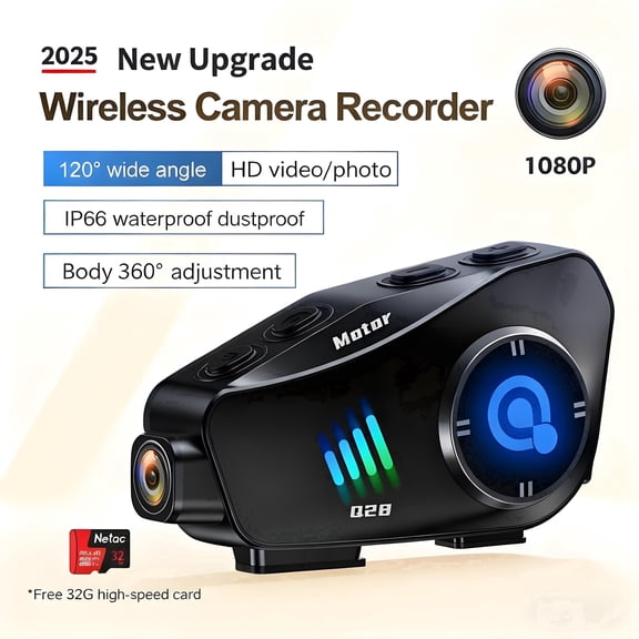 HUOEPU Motorcycle IP66 Waterproof Helmet Camera with Bluetooth Headset ,1080P HD Helmet Video Recorder 120° Wide Angle Long Life with 32GB SD Card