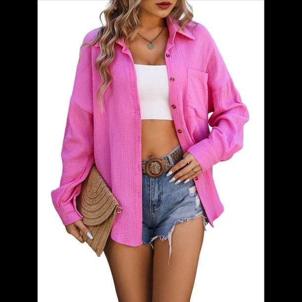 Camisas de Mujer con Botones, Larga, Estilo Boyfriend, Cuello y Bolsillos. Rosa Roja XL