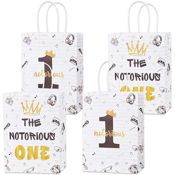 16pcs The Notorious One Birthday Decorations - Black Gold Party Treat Bags With Handles, Hip Hop Theme The Big One 1st Party Favor Candy Bags for Boy's First Supplies