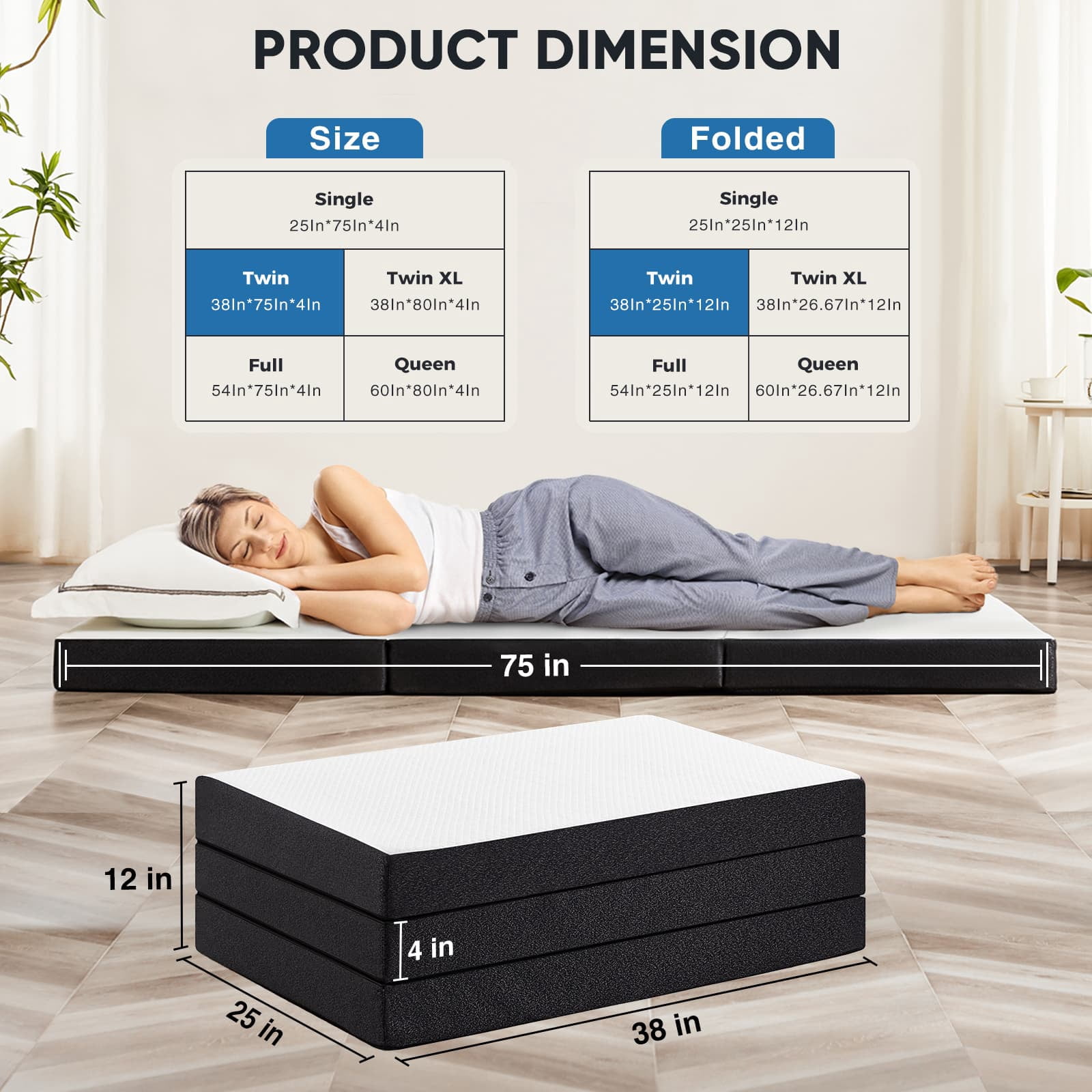 MAYEERTY 4" Tri-Fold Memory Foam Mattress Portable Foldable Non-Slip Floor Bed for Camping & Guest Use, Twin XL