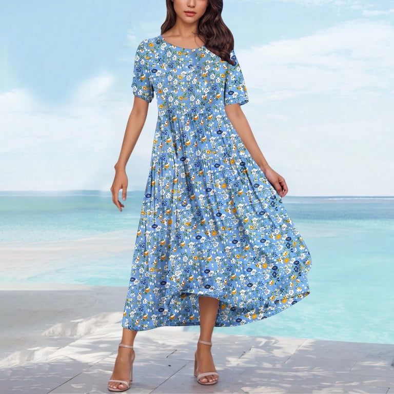 chinese dress ladies Light Blue Floral Short Sleeve Deep V-Neck Tiered Maternity Maxi Dress –  PinkBlush main image 0