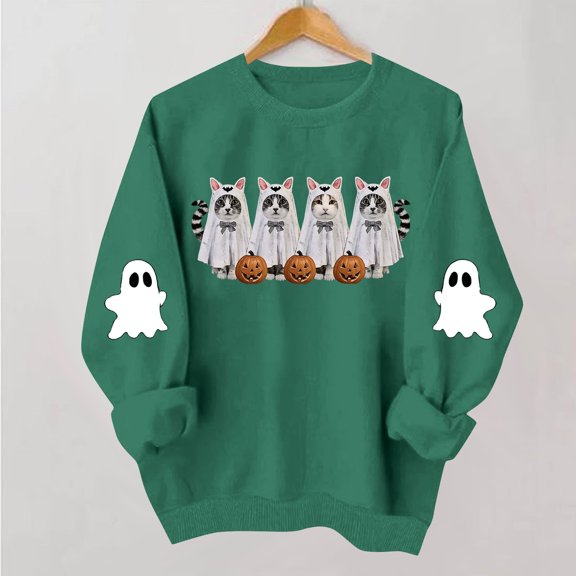 NSLGXD Halloween Sweatshirts for Women Plus Size Ghost Graphic Pullovers Fall Holiday Round Neck Long Sleeve Y2k Tops Halloween Costumes