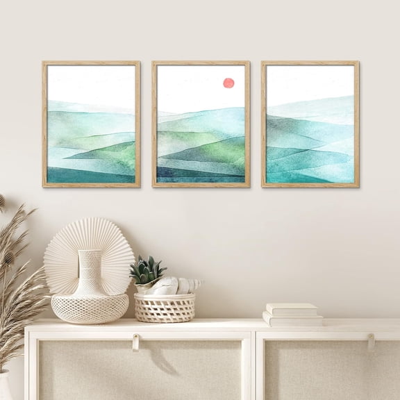 PixonSign Framed Canvas Print Wall Art Set - Pastel Watercolor Green & Blue Mountains Art - Set of 3 Nature Landscape Art Abstract Modern Print Minimalism Wall Décor - 12"x16"x3 Panels Natural