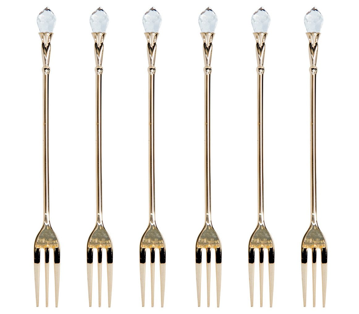 Collection of 6 Stainless Steel 24K Gold Plated 3 Pronged Dessert Forks With Crystal Tip 