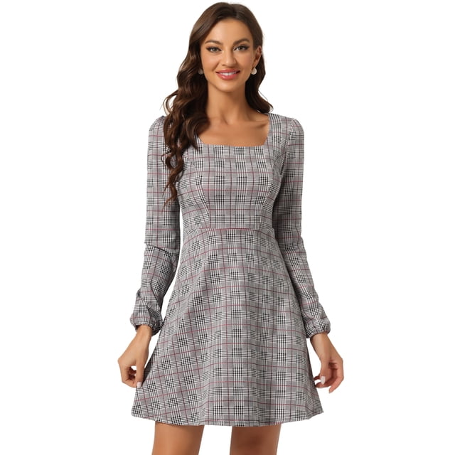 Vestido A Cuadros De Manga Larga Con Cuello Cuadrado Vintage De Otoño Para Mujer Rosas L