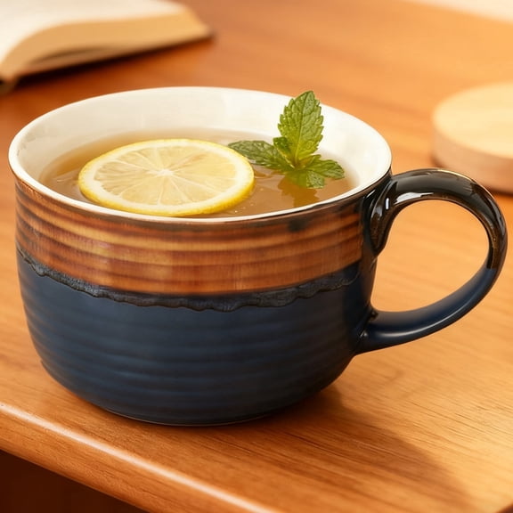 Farcauo Blue & Brown Large Coffee Cup Ceramic Soup Mug with Handles 24 OZ Oversized Bowl Porcelain 700 ML Coffee Tea Cup XXL Cereal Bowls Soups Ramen Salad Bowl Coffee Cappuccino Cups Large Soup Bowl