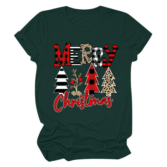 Dianli Christmas Sweatshirt for Women Short Sleeve Round Neck Leopard Plaid Xmas Tree Print Shirt Womens Tops Loose Fit Fashion Tops Tunic Comfortable Y2K Going Out Tops