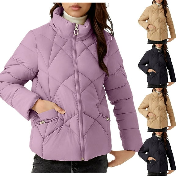 Miluxas Women's Causal Lightweight Quilted Jackets Solid Color Long Sleeve Oversized Warm Winter Zip up Coat with Pockets Purple XL(XL)