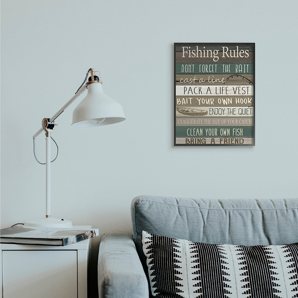 Stupell Industries Rustic Fishing Rules Sign Brown Green Beige Black Framed by Kim Allen