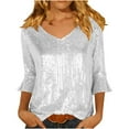 thumbnail image 2 of Women's Tops 3/4 Sleeve Casual Sequined Flare Sleeve V-Neck Party Blouse White S, 2 of 6