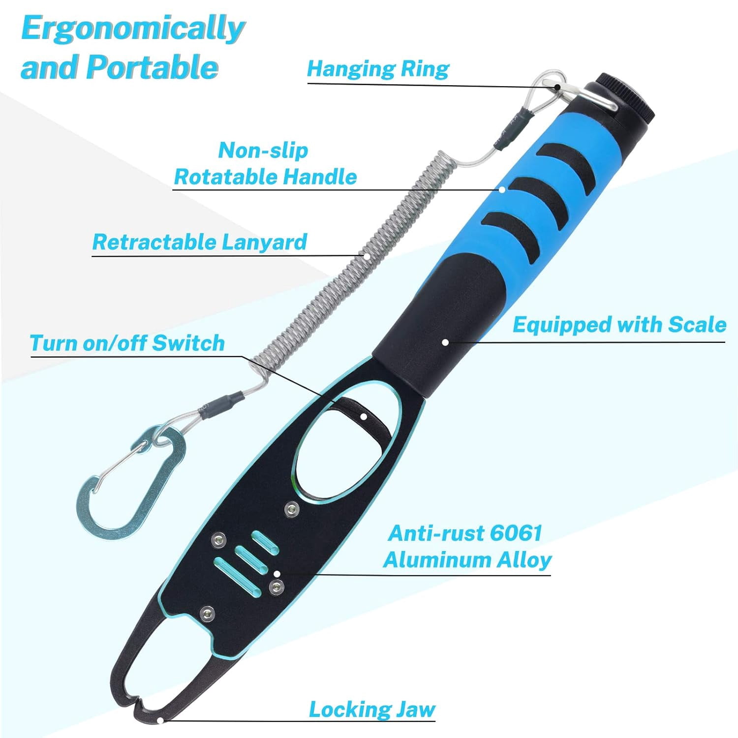 ABCISI Fish Lip Gripper With Scale, 2 in 1 Aluminum Alloy Grabber with High Elastic Hand Rope, Ergonomically Design Professional Fishing Tool Kit for Men, Blue