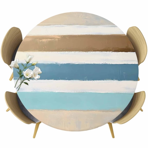 Abstract Gradient Stripe Round Fitted Table Cover Blue Brown Watercolor Waterproof Table Cloth with Elastic Edge Wipeable Tablecloth for Picnic Camping Party Fits 36"-44" Diameter