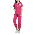 thumbnail image 2 of Women Jogger Scrub Sets 2 Pieces Comfortable V-Neck Scrub Top & Jogger Scrub Pants Stretch Nursing Scrubs Set Quick Dry Medical Uniform with Multi Pocket for Doctors, Nurses Hot Pink S, 2 of 5