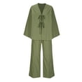 thumbnail image 4 of Fesfesfes Women's Comfy Two-Piece Set Solid Color Long Sleeved Round Neck Tie-Up Detail Top Casual Loose Trousers for Outings and Lounging(Army Green,L), 4 of 5