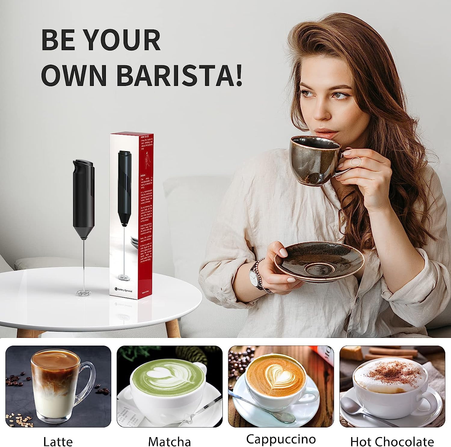 FLENDY Milk Frother with USB Charging - Electric Drink Mixer for Coffee,  Matcha, etc. - Handheld Whisk with Integrated Stand