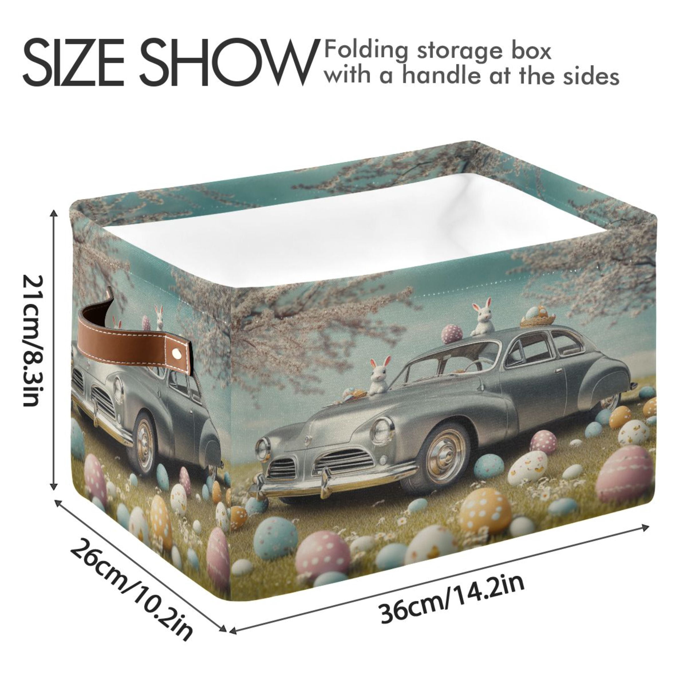 Car and Easter Eggs Foldable Storage Basket,Canvas Fabric Foldable Storage Bins with Handles Open Home Storage Bins Boxes for Toy Book Shelf Closet Baskets