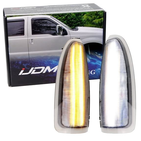 Switchback LED Side Mirror Marker Lamps For 2003-2007 Ford F250 F350 Superduty, 2000-2005 Ford Excursion, (2) Clear Lens, White LED Parking Light, Amber LED Turn Signal Light