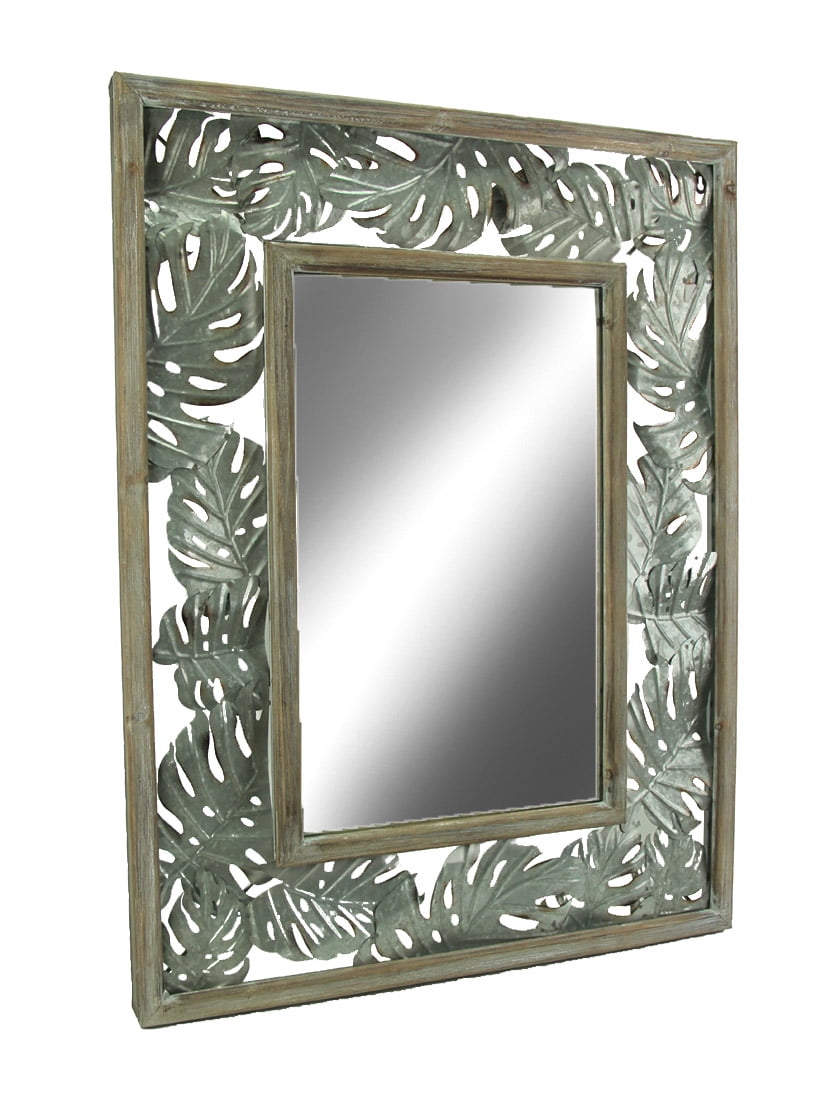 Tropical Wood And Metal Monstera Leaf Design Wall Mirror
