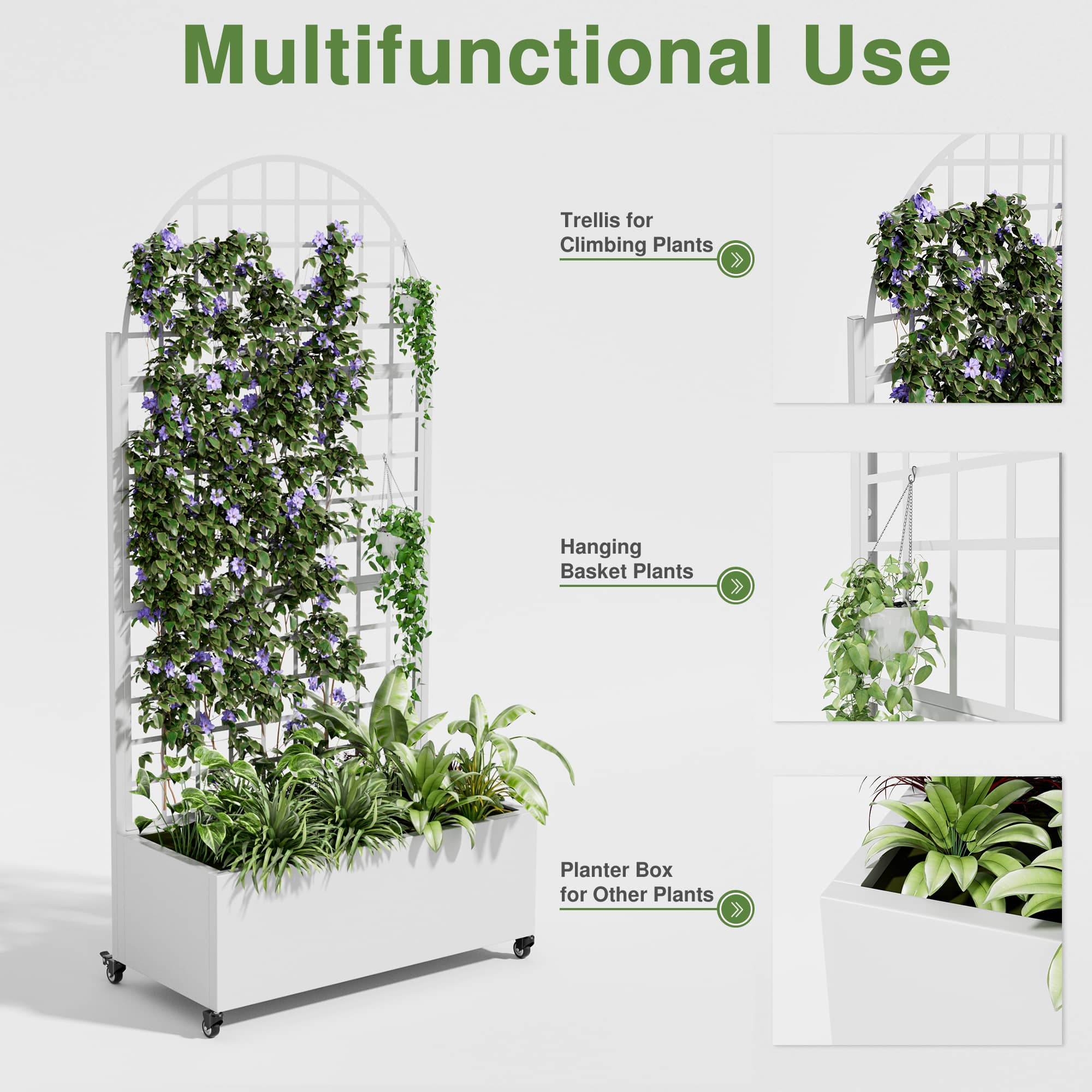 MAYEERTY 71" x 35" Metal Raised Garden Bed with Trellis Planter Box for Climbing Plants, White