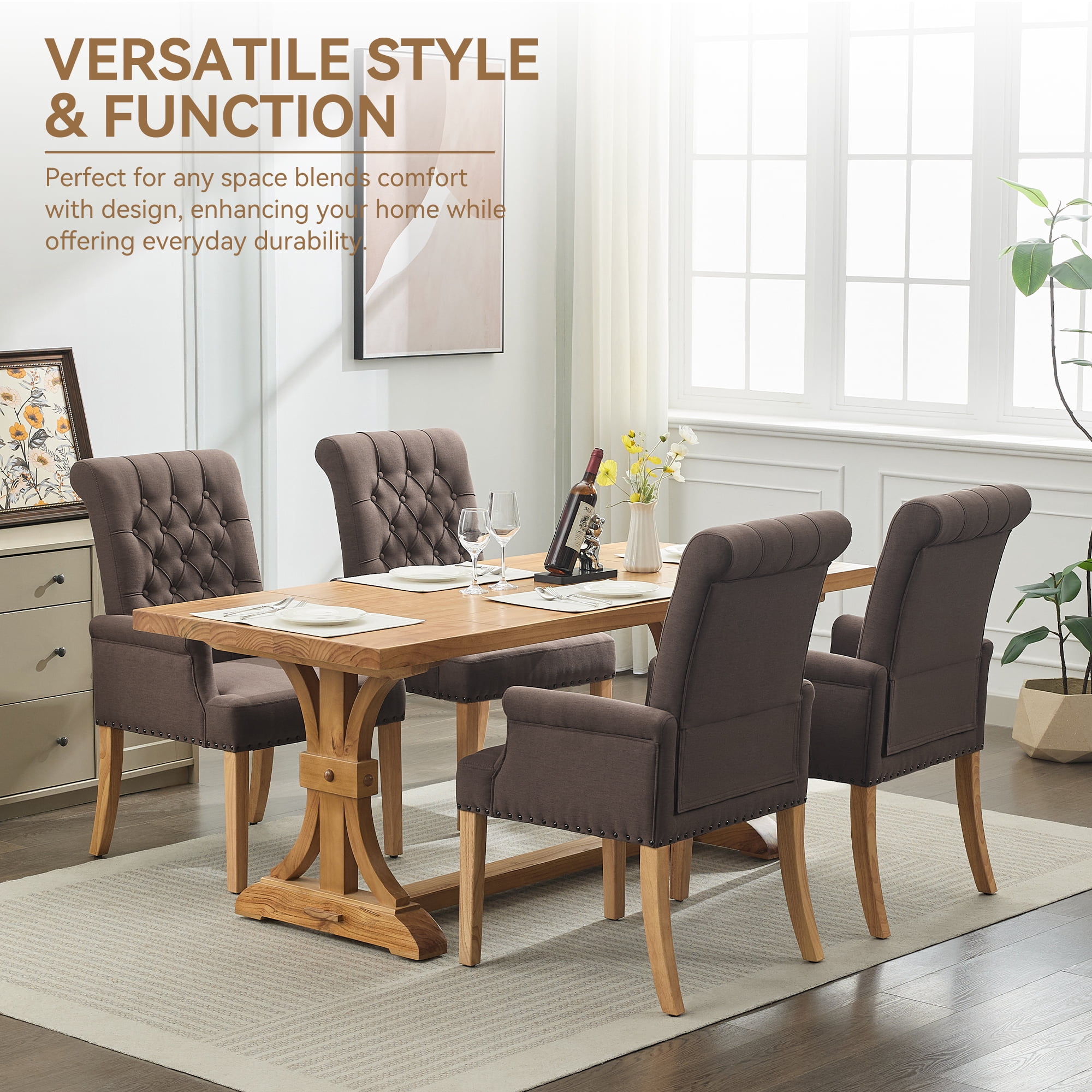 Fabric Upholstered Dining Chair with Arms, Tufted High Back Accent Coffee Armchair for Kitchen Dining Room Living Room, Brown