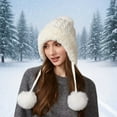 thumbnail image 2 of GPOECD Knitted Hat with Triple Pom Poms Velvet Lined Warm Winter Ear Cold Weather Womens Winter Hat with Thickened for Ladies Z11C-White,One Size, 2 of 4