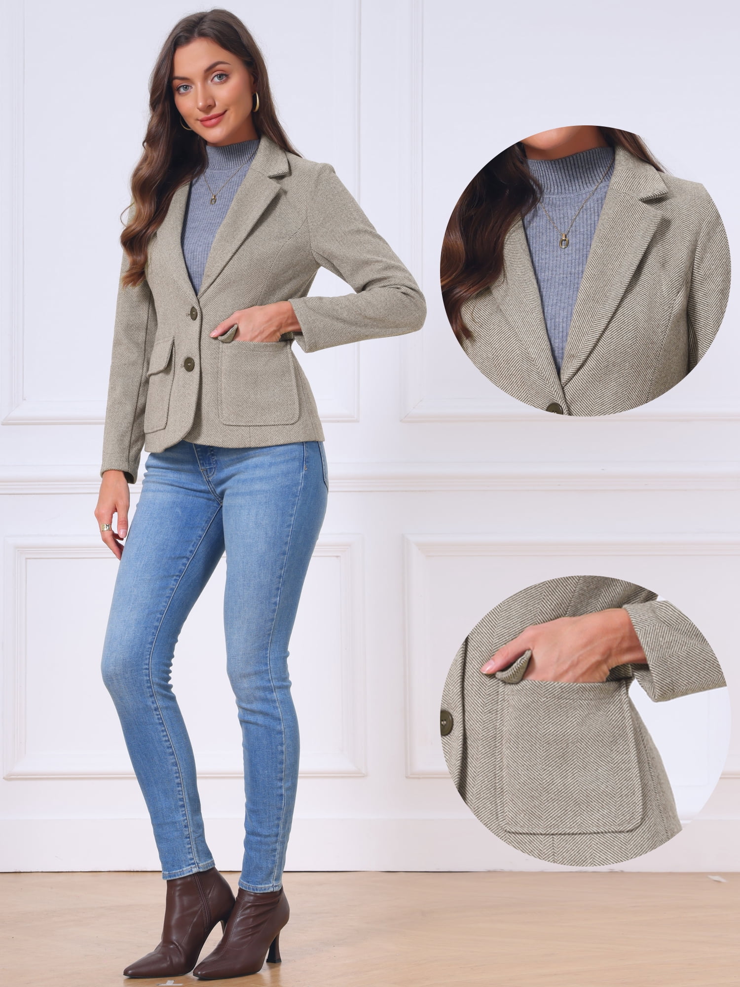 DARING DIVA Women's Blazer Herringbone Tweed Long Sleeve Blazers S Brown