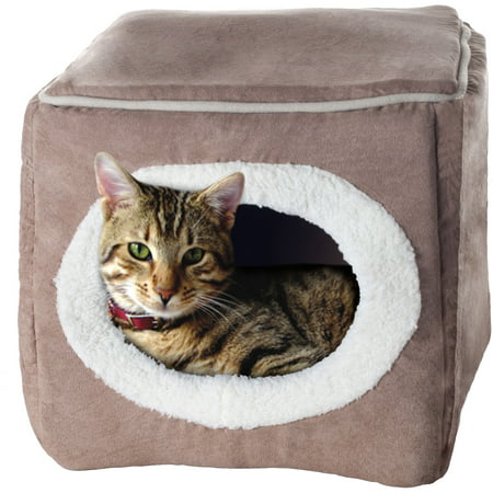 Pet Bed Cave - Enclosed Plush Cat House with Removable Cushioned Foam Cat Bed for Kittens or Small Dogs up to 16lbs by PETMAKER (Light Brown)