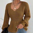 thumbnail image 2 of Gibobby Suéter térmico de manga larga Suéter de invierno con cuello en V para mujer Suéter de punto con cintura de volantes de color sólido (Marrón, XL), 2 of 4