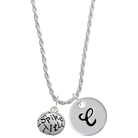 Delight Jewelry Silvertone Volleyball - ''Spike It'' Silvertone Script Initial Disc - C - Charm Necklace, 20"+3"