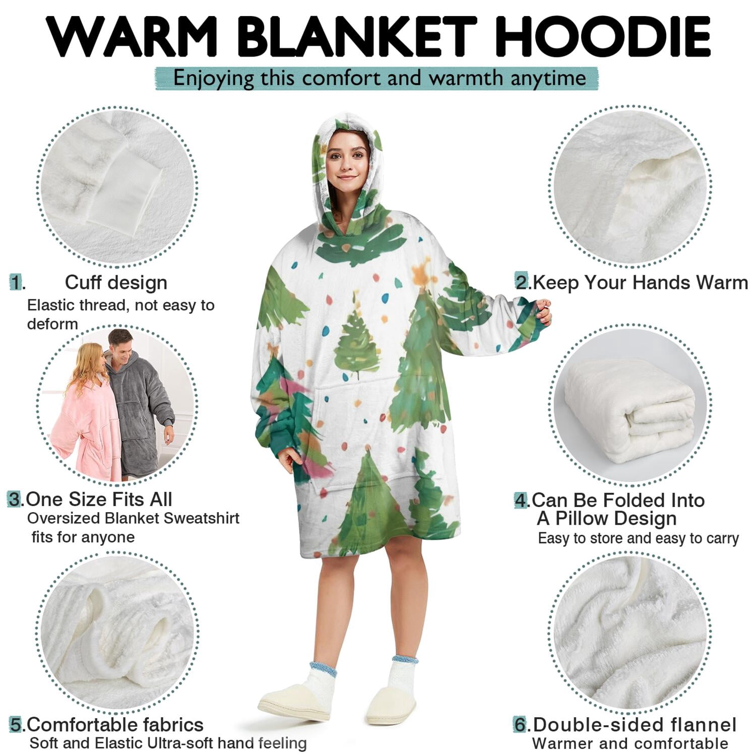 Wearable Oversized Blanket,White Christmas Watercolor Tree Pattern Wearable Blanket Hoodie for Adults,Cozy Hooded Blankets with Super Pockets,Super Warm Fuzzy Pullover for Women & Men