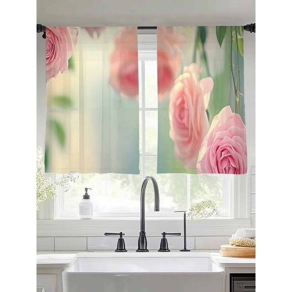 Pink Spring Floral Sheer Curtains for Living Room Bedroom Summer Roses Flowers Farmhouse Sheer Curtains 54 Inch Long 2 Panels Set Light Filtering Curtain Window Treatments Drapes for Dining Room