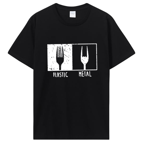 Camiseta con estampado de objetos diarios para hombre camiseta de manga corta de algodón con tenedor de plástico y Metal camiseta Punk de Hip Hop ropa de calle Vintage
